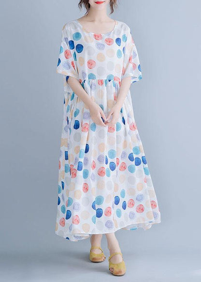 Classy White Dotted Cotton Clothes O Neck Cinched Maxi Summer Dress