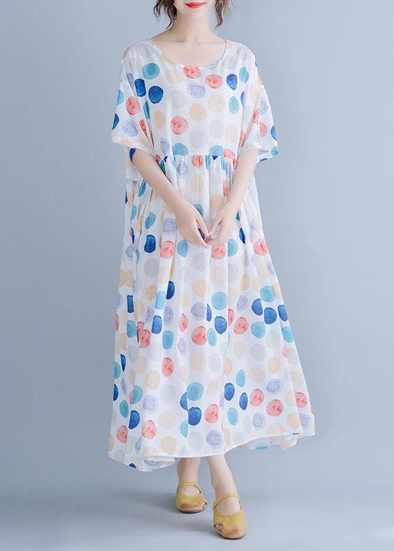 Classy White Dotted Cotton Clothes O Neck Cinched Maxi Summer Dress