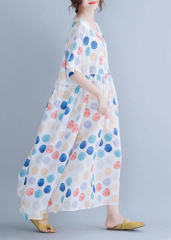 Classy White Dotted Cotton Clothes O Neck Cinched Maxi Summer Dress