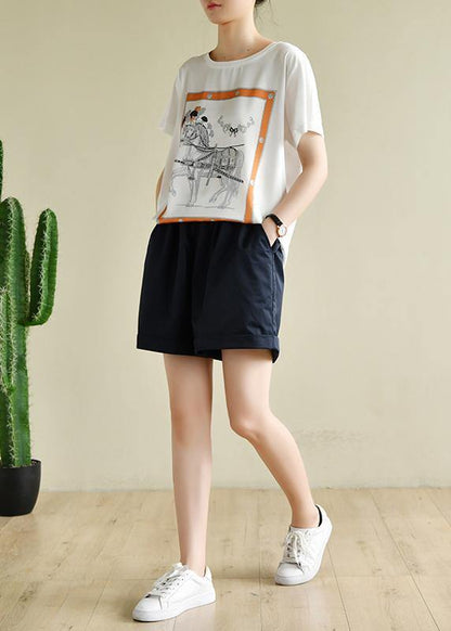 Classy White Print Clothes for O Neck Daily Summer Tops