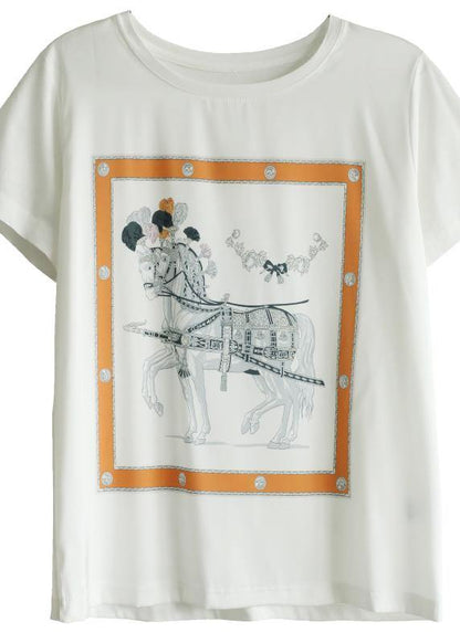Classy White Print Clothes for O Neck Daily Summer Tops