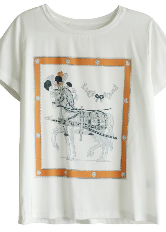 Classy White Print Clothes for O Neck Daily Summer Tops