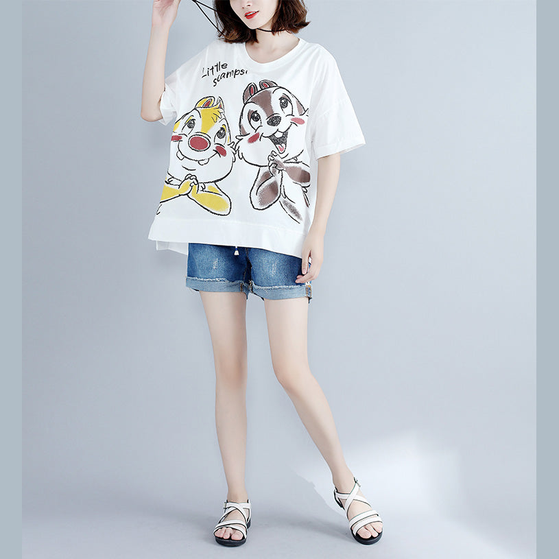 Classy White Print Cotton Clothes for Boutique Work O Neck Side Open Art Tops