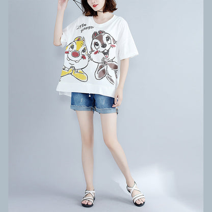 Classy White Print Cotton Clothes for Boutique Work O Neck Side Open Art Tops