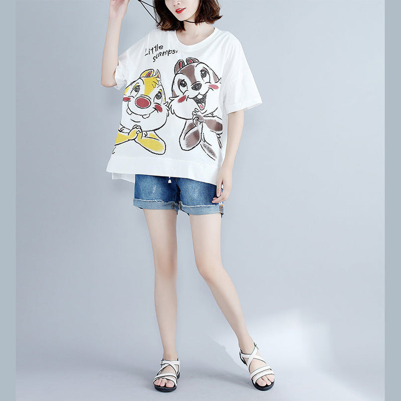 Classy White Print Cotton Clothes for Boutique Work O Neck Side Open Art Tops