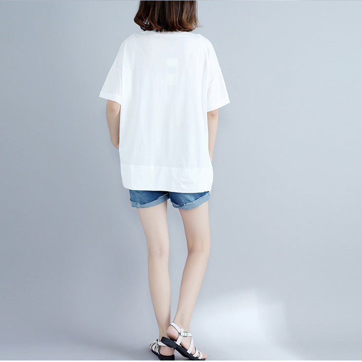 Classy White Print Cotton Clothes for Boutique Work O Neck Side Open Art Tops