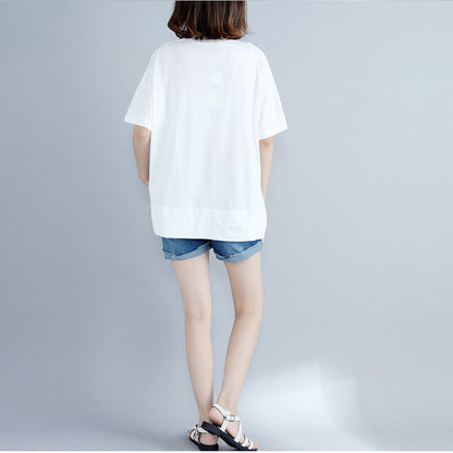 Classy White Print Cotton Clothes for Boutique Work O Neck Side Open Art Tops