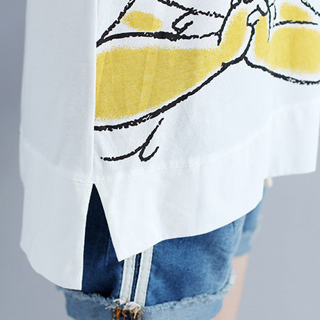 Classy White Print Cotton Clothes for Boutique Work O Neck Side Open Art Tops