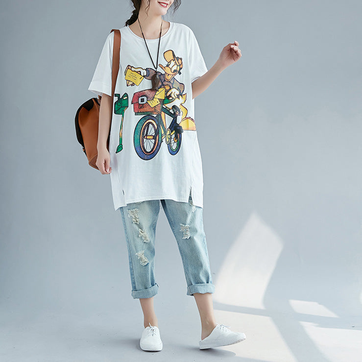 Classy White Print Cotton Top Silhouette Indian Fabrics O Neck Silhouette Shirts