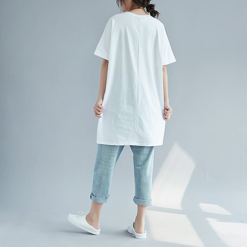 Classy White Print Cotton Top Silhouette Indian Fabrics O Neck Silhouette Shirts