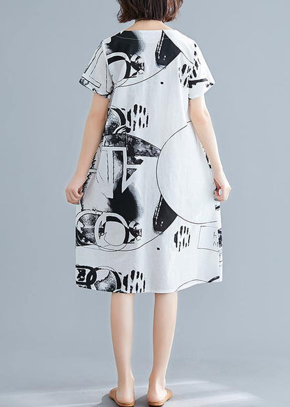 Classy Black Flower Linen Wardrobes O Neck Short Sleeve Shift Summer Dress