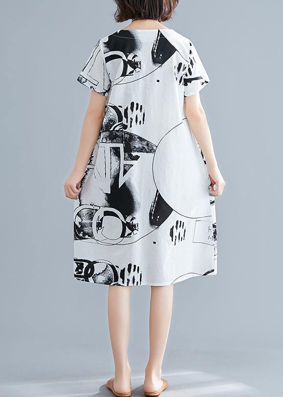 Classy White Print Linen Wardrobes O Neck Short Sleeve Shift Summer Dress