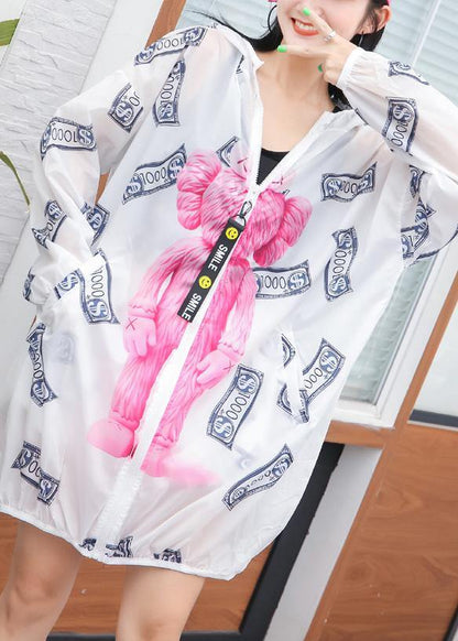 Classy White Prints Blended Clothes for Hooded Summer Blouse