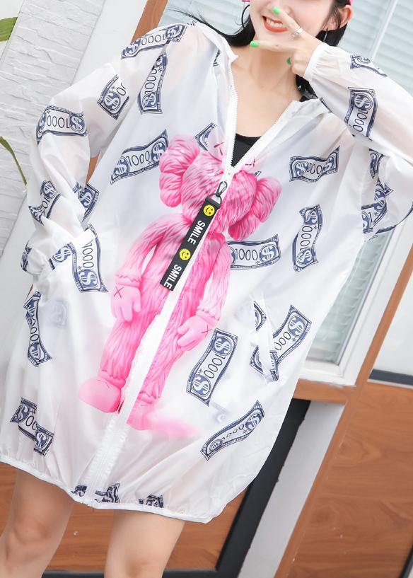 Classy White Prints Blended Clothes for Hooded Summer Blouse