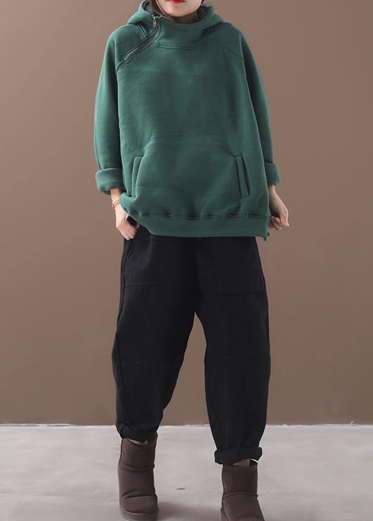 Classy Zippered Cotton Hooded Blouses for Inspiration Green Thick Blouse