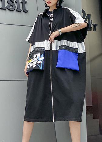 Classy Zippered Pockets Fine Trench Coat Black Baggy Summer Coats