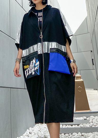Classy Zippered Pockets Fine Trench Coat Black Baggy Summer Coats