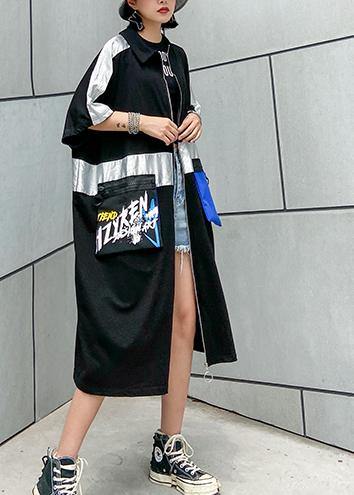 Classy Zippered Pockets Fine Trench Coat Black Baggy Summer Coats