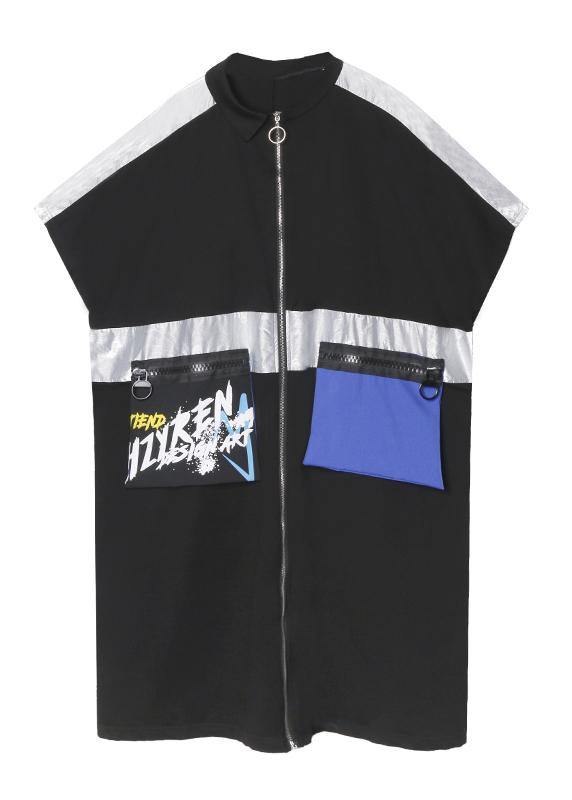 Classy Zippered Pockets Fine Trench Coat Black Baggy Summer Coats