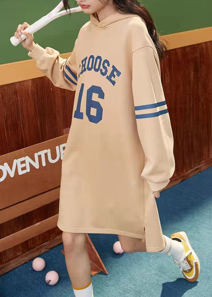 Classy Khaki Drawstring Print Side Open Sweatshirt Spring Dress