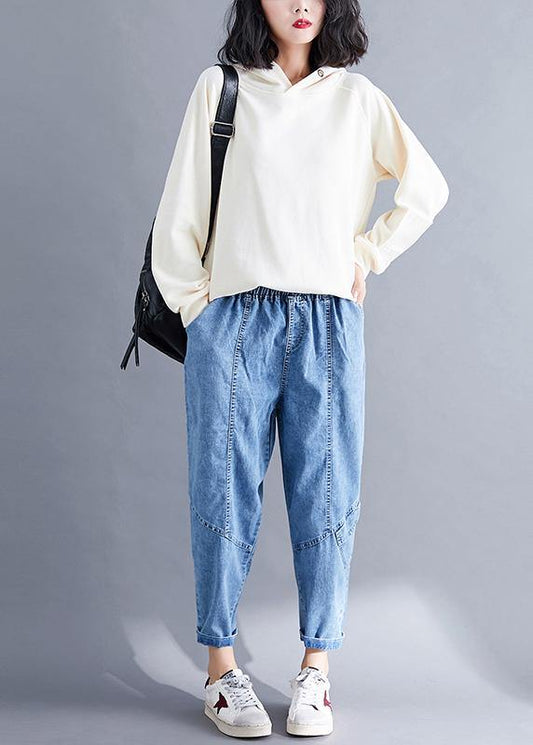 Classy Spring Pants Denim Blue Photography Elastic Waist Patchwork Pant