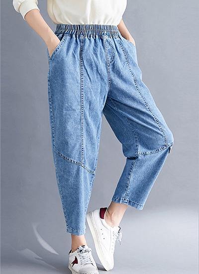 Classy Spring Pants Denim Blue Photography Elastic Waist Patchwork Pant