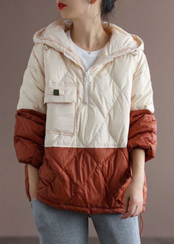 Club Beige Patchwork Orange Zippered Pockets Duck Down Winter Down Jacket