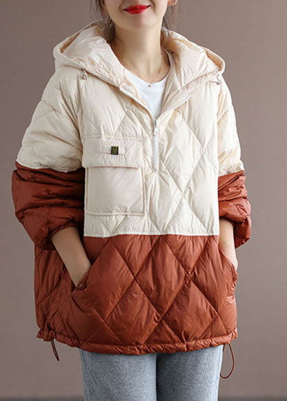Club Beige Patchwork Orange Zippered Pockets Duck Down Winter Down Jacket