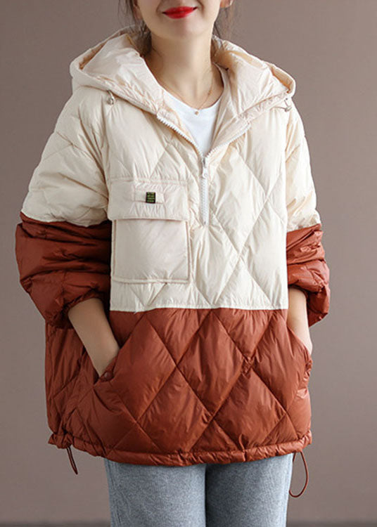 Club Beige Patchwork Orange Zippered Pockets Duck Down Winter Down Jacket