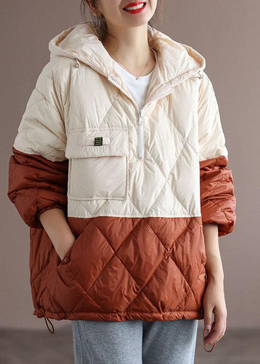 Club Beige Patchwork Orange Zippered Pockets Duck Down Winter Down Jacket