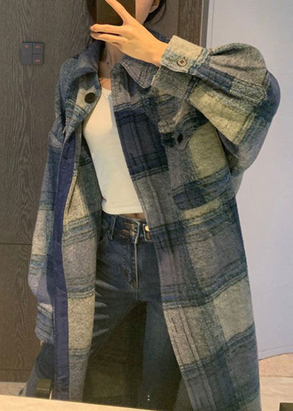 Club Grey Blue Plaid Button Side Open Fall Woolen Long Sleeve Trench