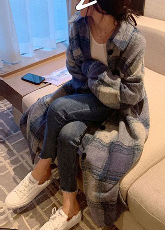 Club Grey Blue Plaid Button Side Open Fall Woolen Long Sleeve Trench