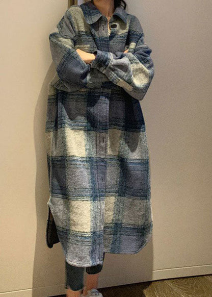 Club Grey Blue Plaid Button Side Open Fall Woolen Long Sleeve Trench