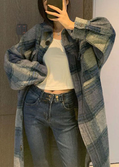 Club Grey Blue Plaid Button Side Open Fall Woolen Long Sleeve Trench