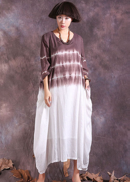 Chocolate Asymmetrical Gradient Color Cotton Long Dresses Three Quarter Sleeve
