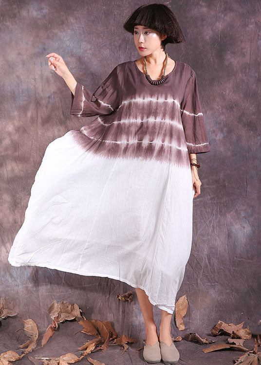 Chocolate Asymmetrical Gradient Color Cotton Long Dresses Three Quarter Sleeve