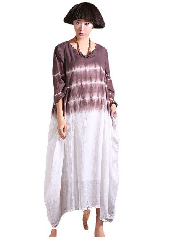 Chocolate Asymmetrical Gradient Color Cotton Long Dresses Three Quarter Sleeve
