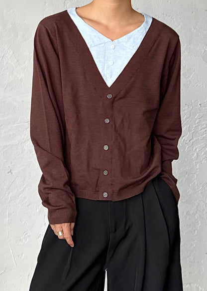 Coffee Button False Two Pieces Patchwork Sweater V Neck