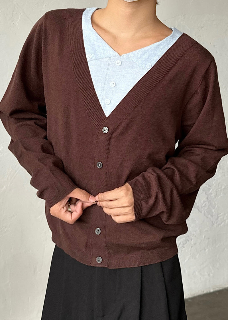 Coffee Button False Two Pieces Patchwork Sweater V Neck