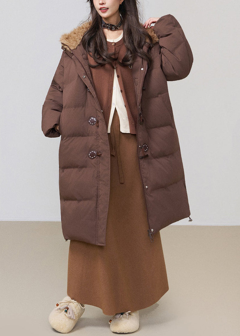 Coffee Button Fluffy Patchwork Cotton Filled Winter Long Parkaer Hooded