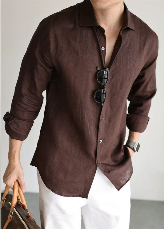 Coffee Button Linen Fall Men Shirt Peter Pan Collar