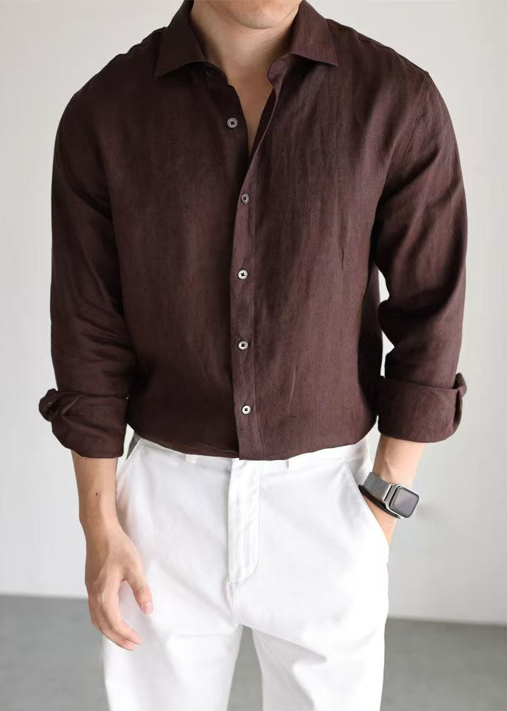 Coffee Button Linen Fall Men Shirt Peter Pan Collar