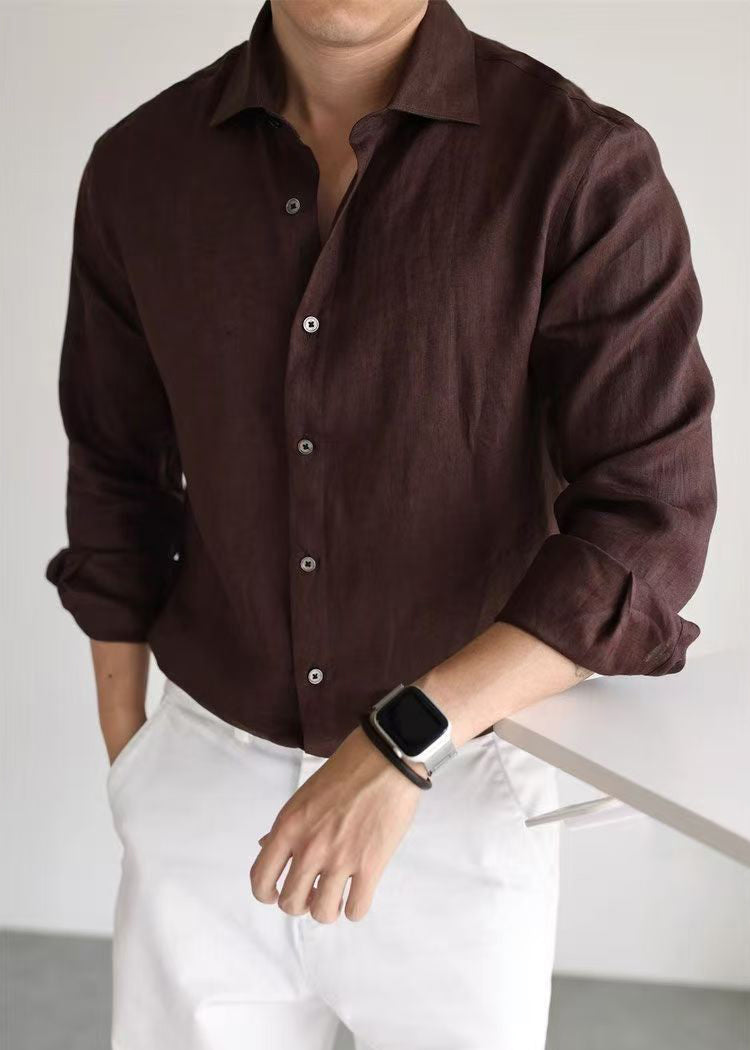 Coffee Button Linen Fall Shirt Peter Pan Collar