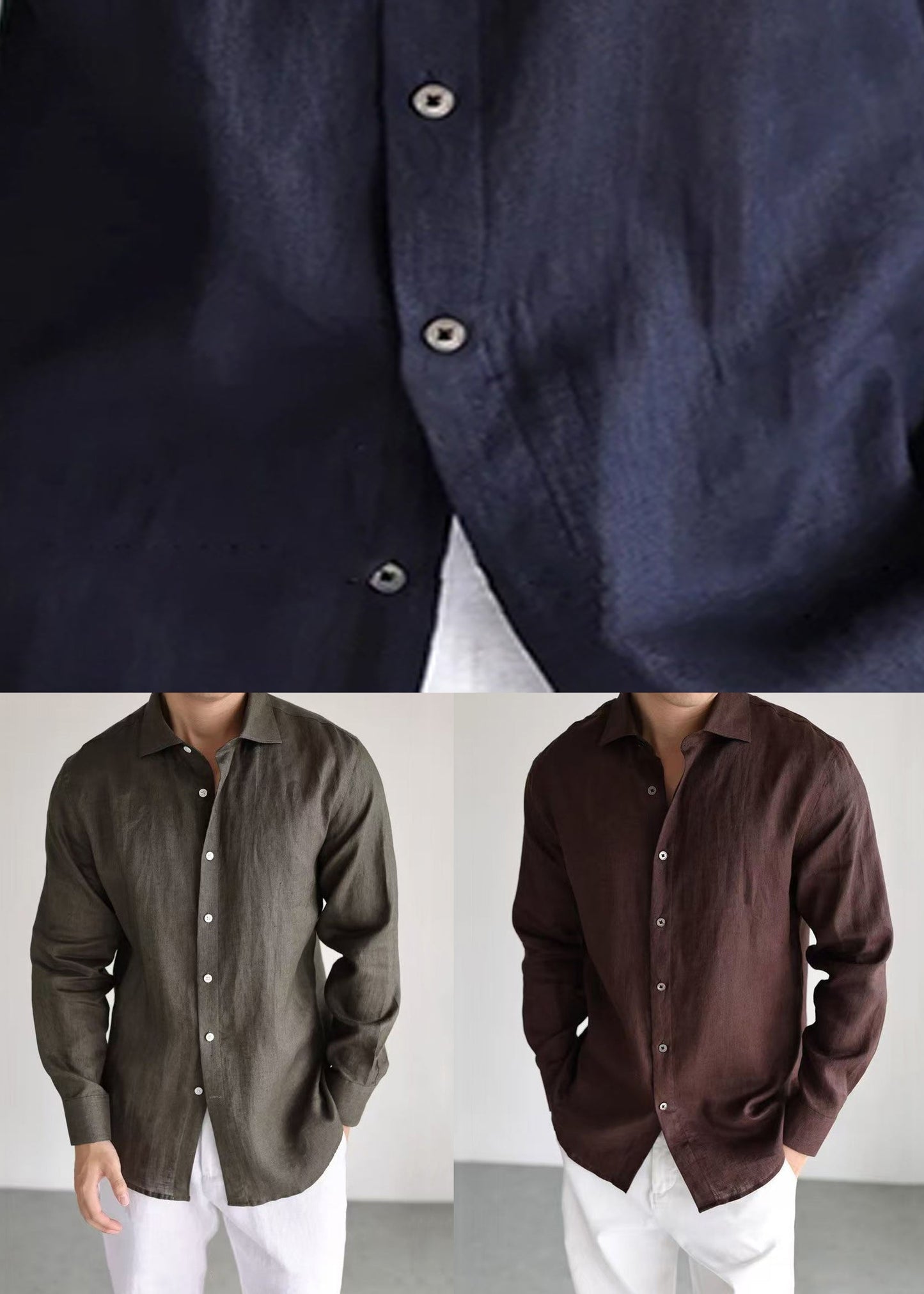 Coffee Button Linen Fall Men Shirt Peter Pan Collar