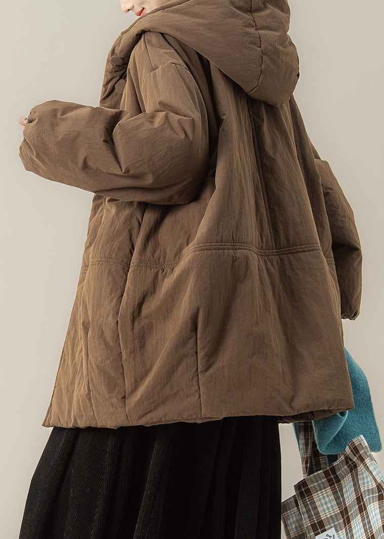 Coffee Button Patchwork Hooded Parka Winter