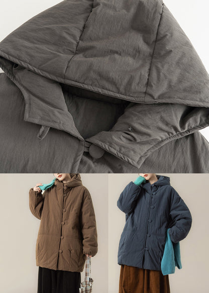Coffee Button Patchwork Hooded Parka Winter