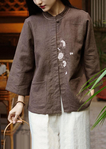 Coffee Button Pockets Linen Blouse Stand Collar Spring