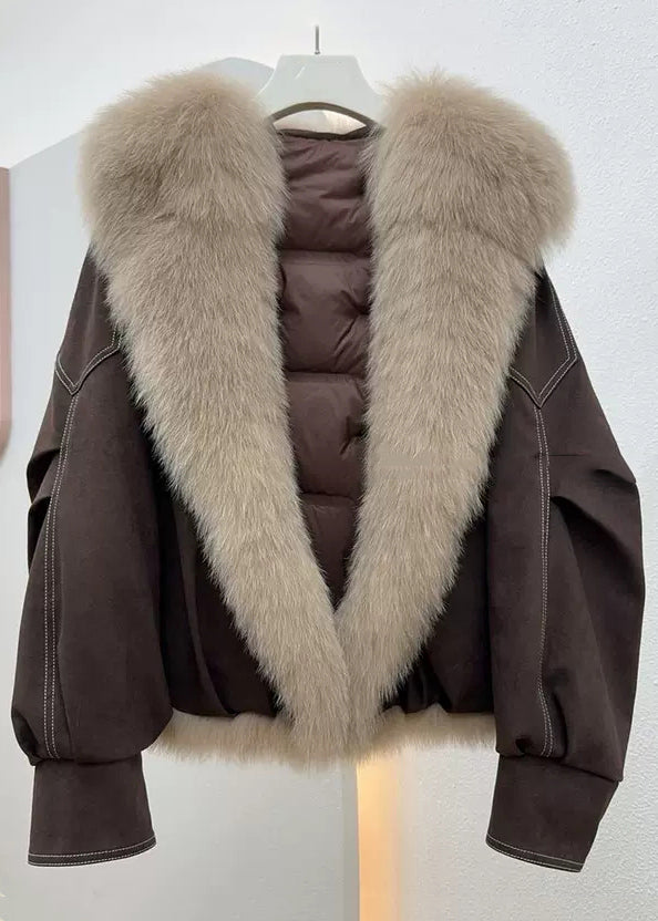 Coffee Button Pockets Fine Cotton Fur Collar