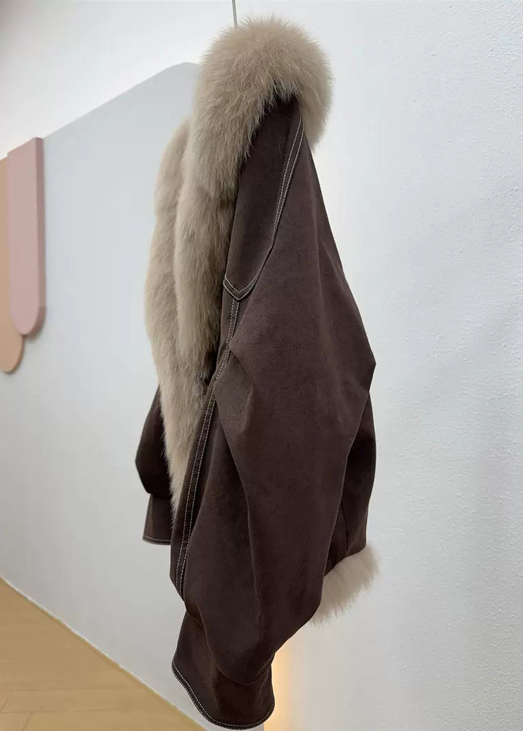 Coffee Button Pockets Fine Cotton Fur Collar