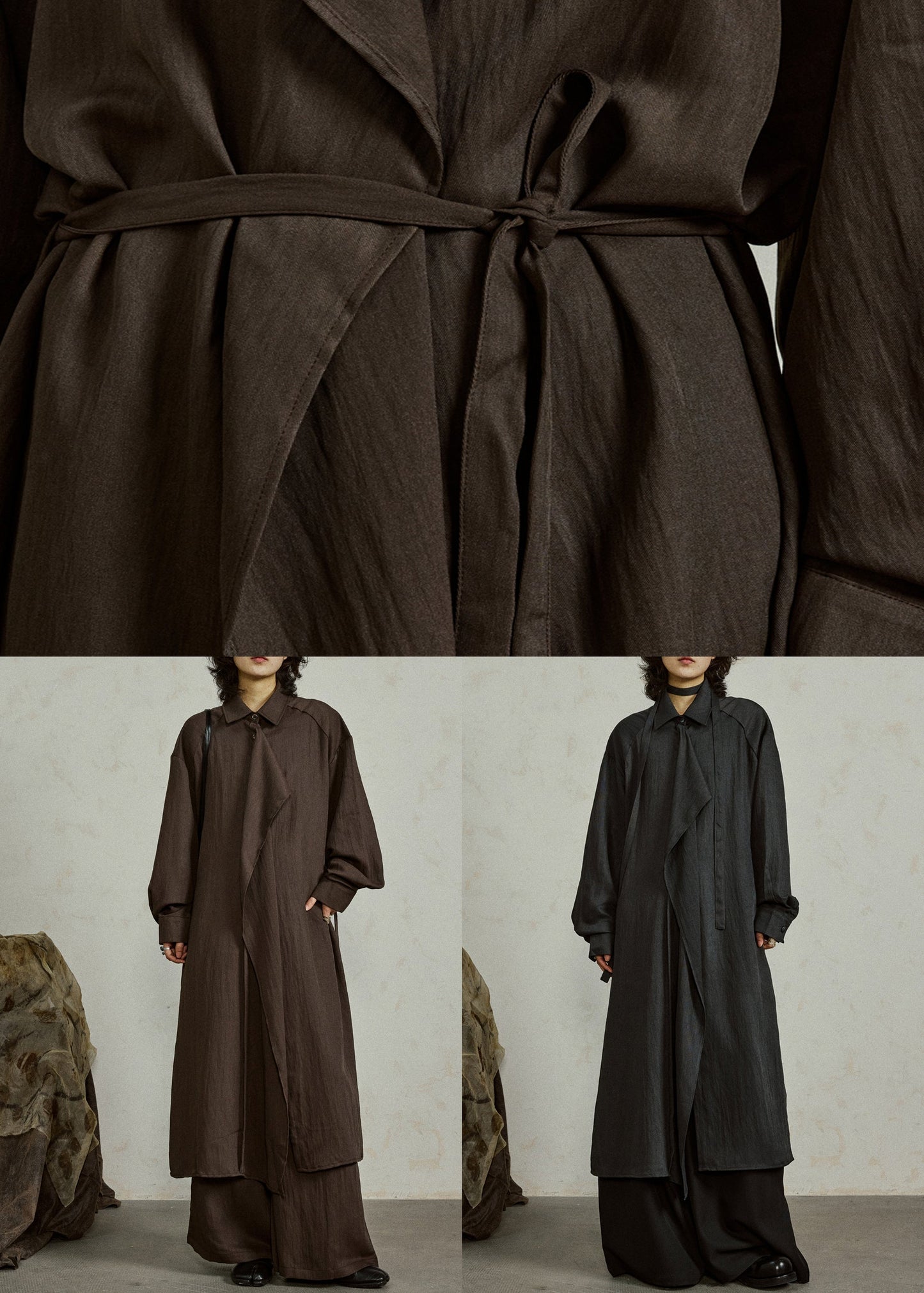 Coffee Button Side Open Cotton Long Shirt Coats Ruffled